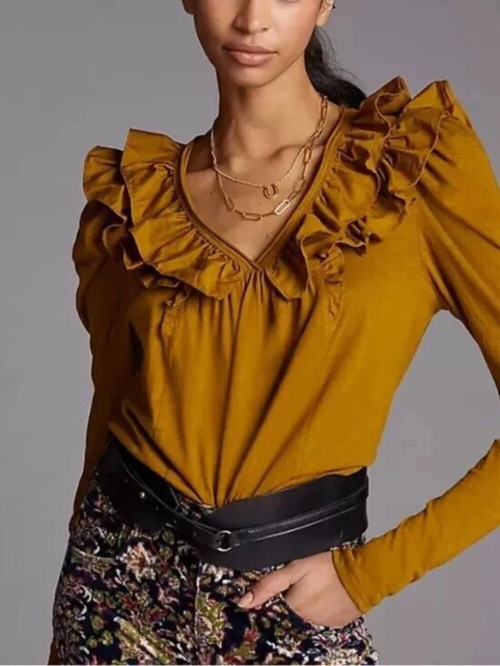 Anthropologie Ruffle Collar Long Sleeve Top Mustard Color Puff Sleeve Size MP